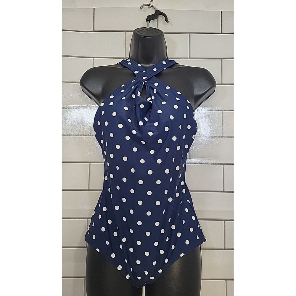 Lands' End Women's Sz 4/6 Polka Dots One Piece Swimsuit Navy Beach Resortwear